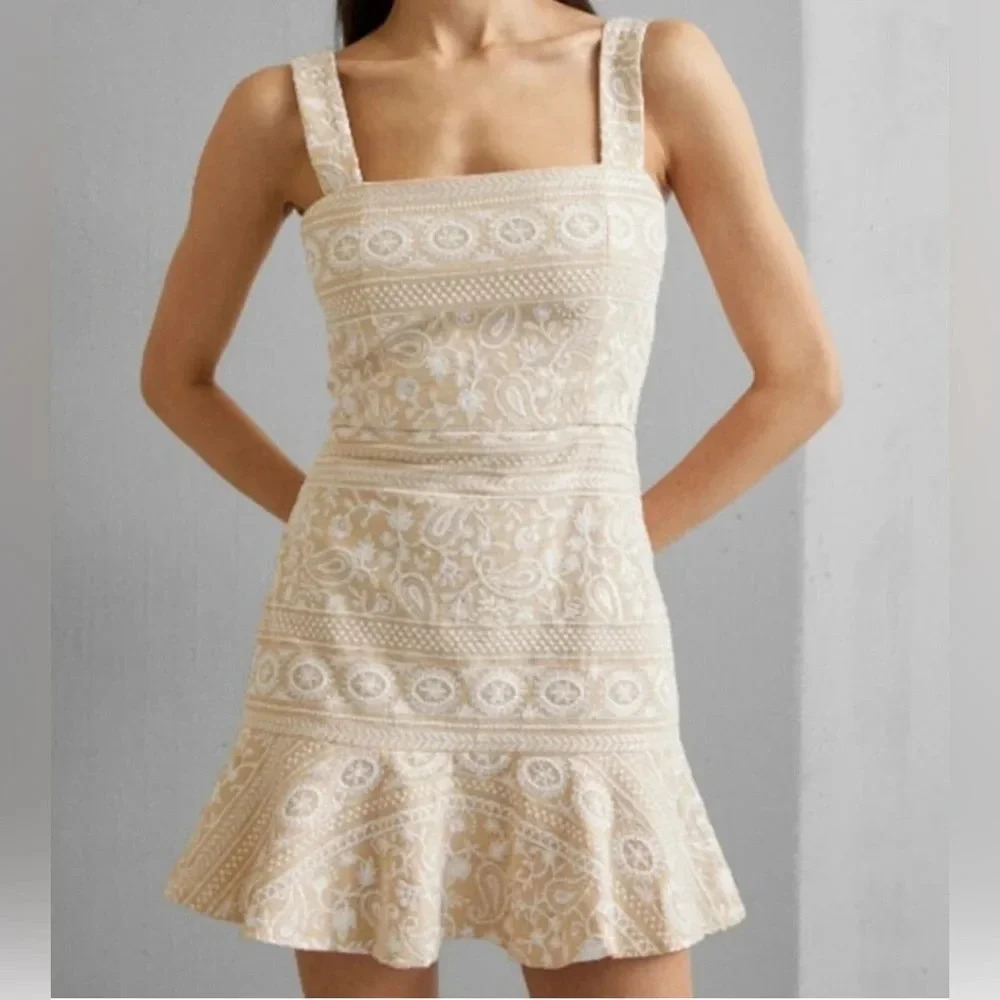 Alice + Olivia Tan and White Ruffled Tiered Sundress